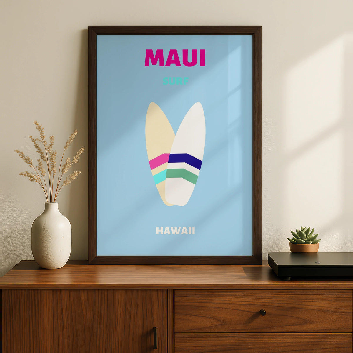 Maui Hawaii Travel Poster, Surf Wall Art, Retro Surfboard Print, Beach Decor