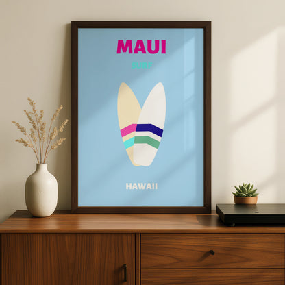 Maui Hawaii Travel Poster, Surf Wall Art, Retro Surfboard Print, Beach Decor