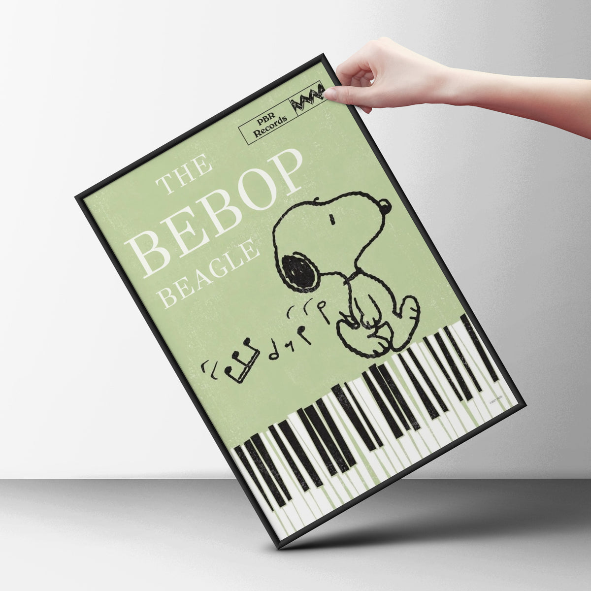Bebop Beagle Jazz Poster, Retro Cartoon Dog Piano Keys Wall Art, Sage Green Music Room Decor