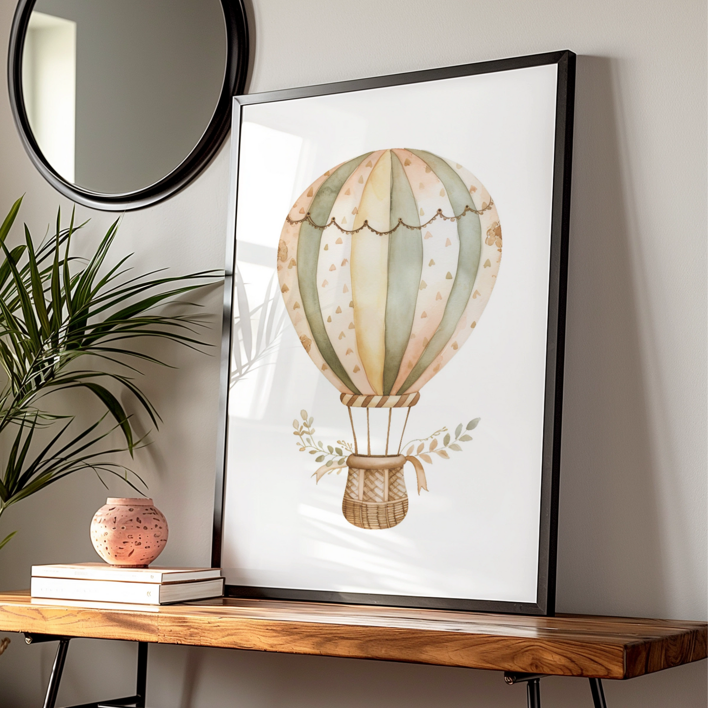 Hot Air Balloon Nursery Wall Art, Boho Baby Poster, Sage Green Neutral Decor Print