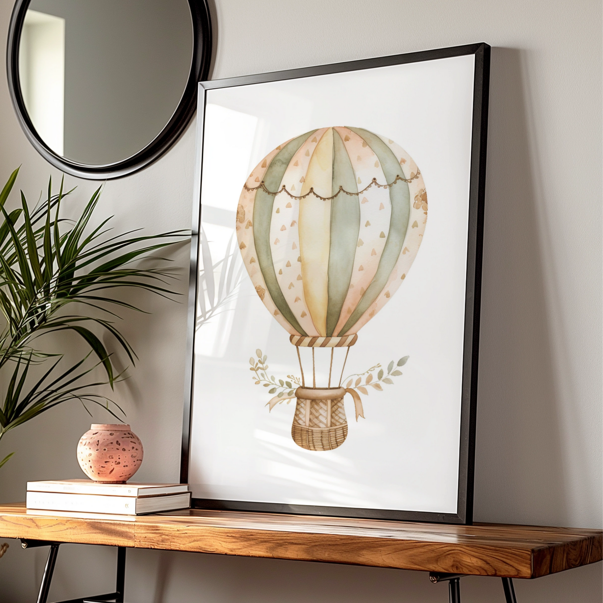 Hot Air Balloon Nursery Wall Art, Boho Baby Poster, Sage Green Neutral Decor Print