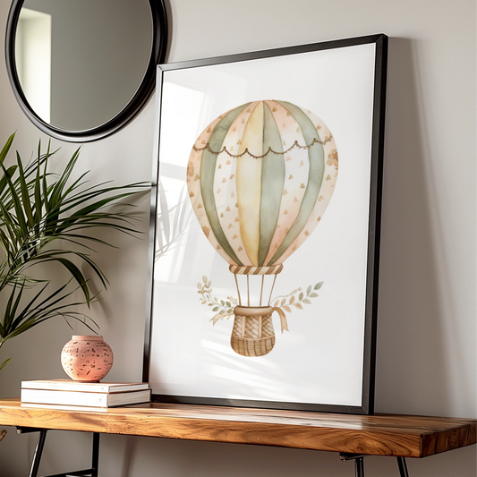 Hot Air Balloon Nursery Wall Art, Boho Baby Poster, Sage Green Neutral Decor Print