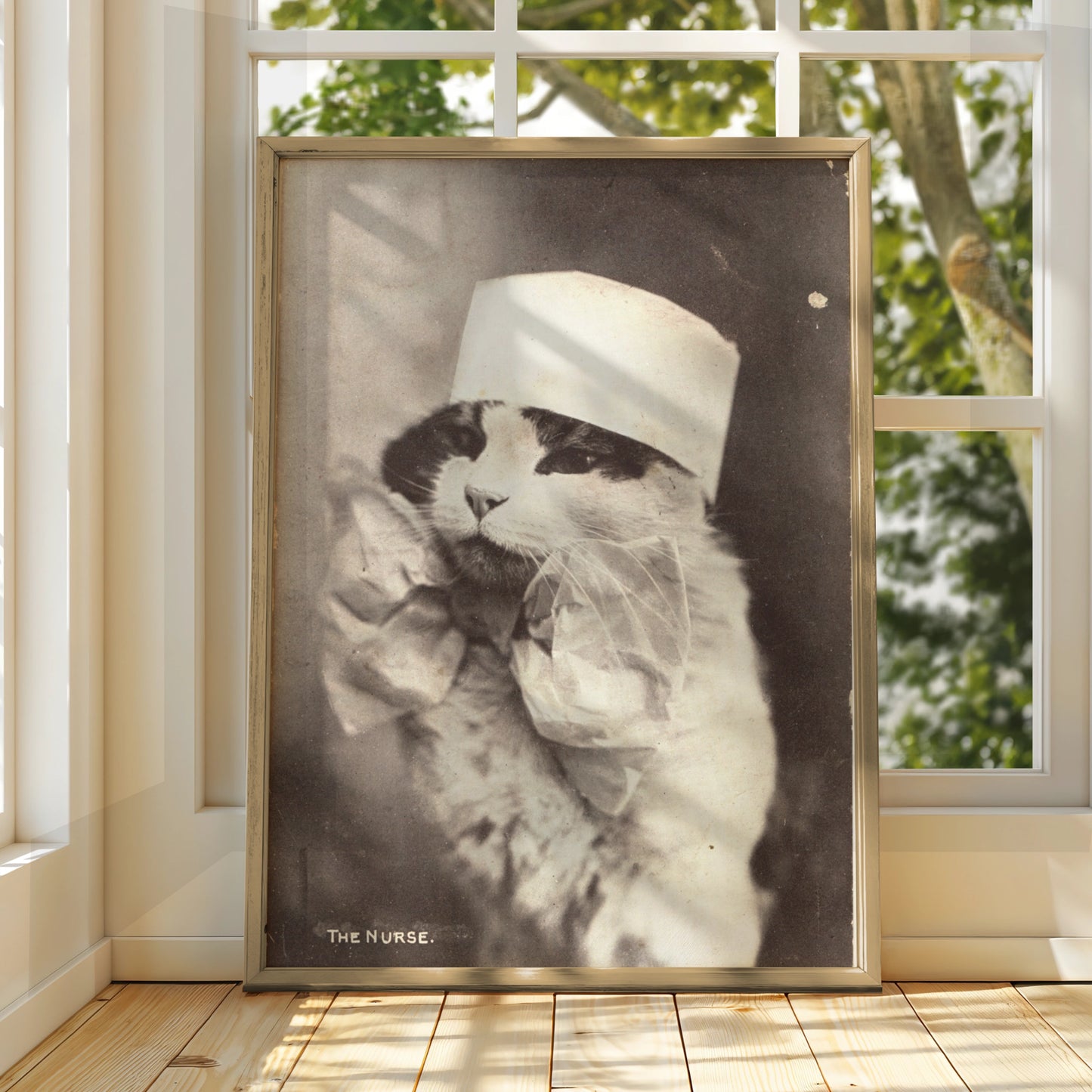 Halloween Cat Nurse Poster, Vintage Sepia Victorian Animal Wall Art Print
