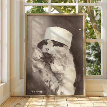 Halloween Cat Nurse Poster, Vintage Sepia Victorian Animal Wall Art Print
