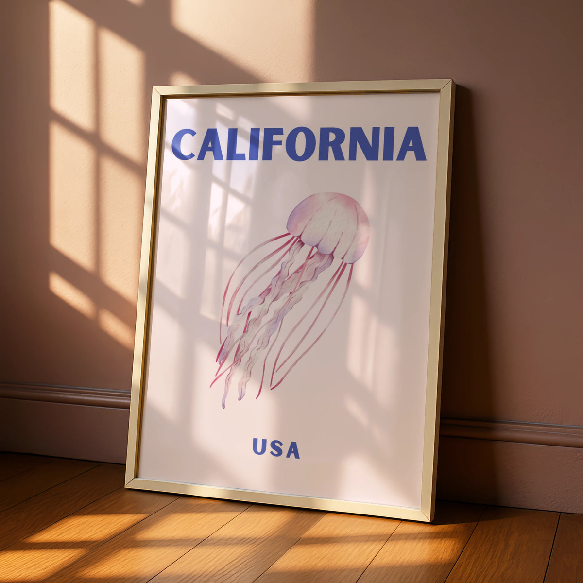 California Travel Poster USA, Jellyfish Wall Art, Retro Ocean Print, Coastal Pink Decor