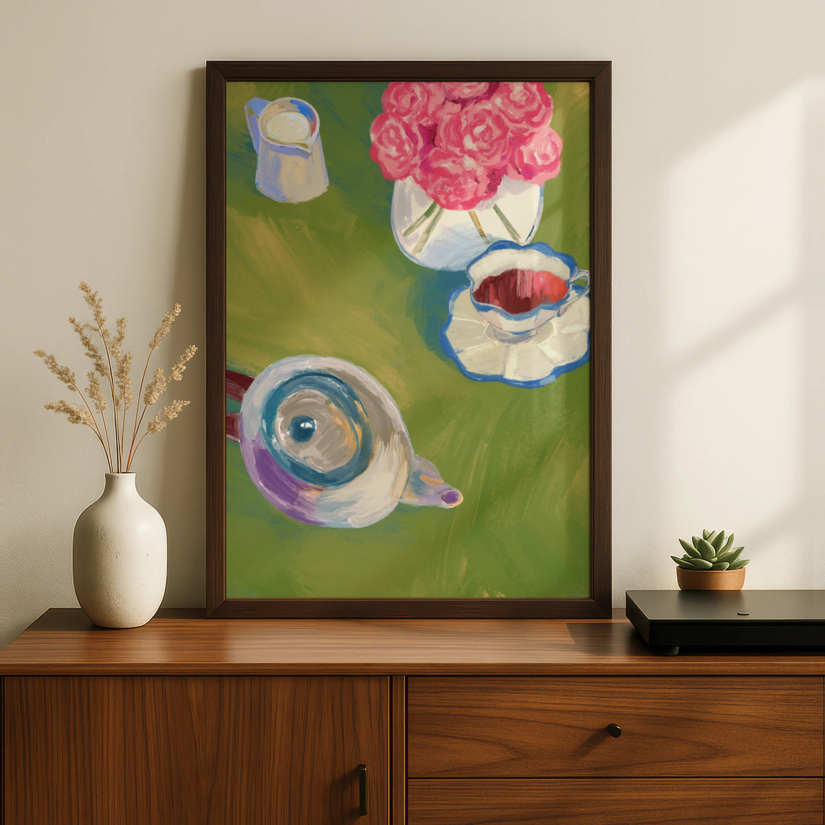 Maximalist Tea Party Poster, Floral Still Life Wall Art, Colourful Teapot Print, Kitchen Decor