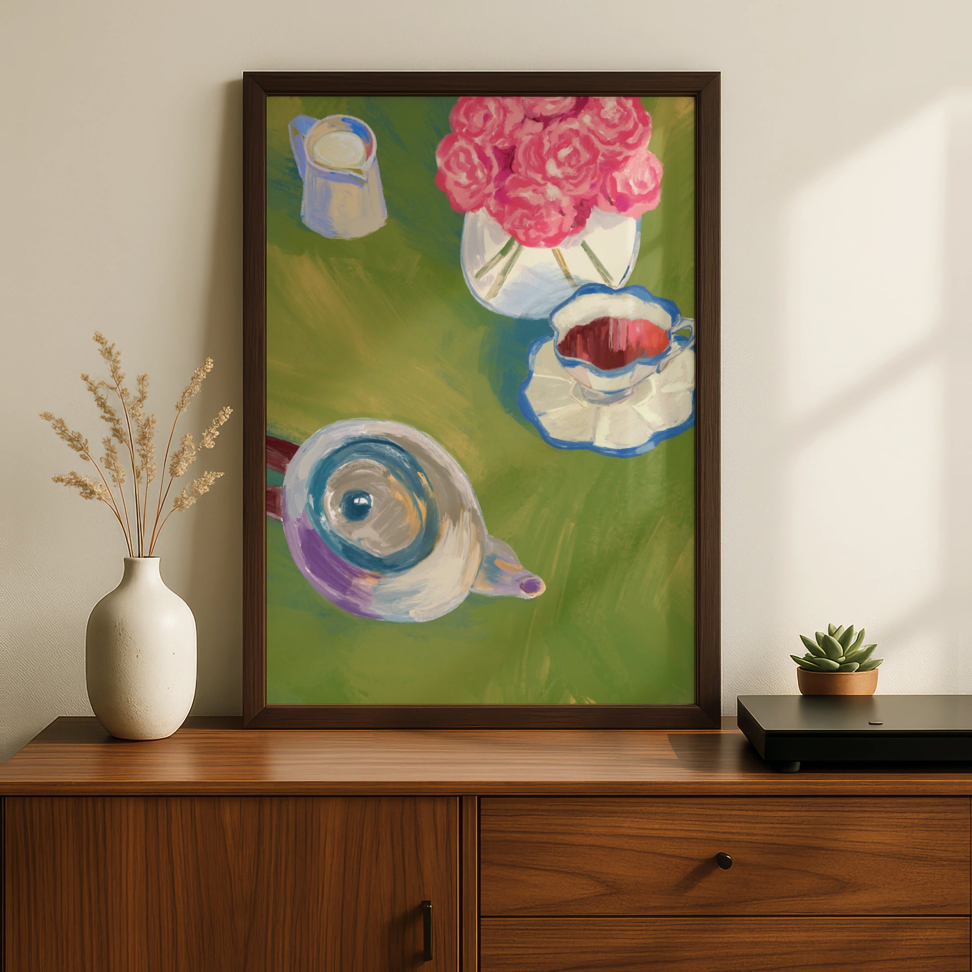 Maximalist Tea Party Poster, Floral Still Life Wall Art, Colourful Teapot Print, Kitchen Decor