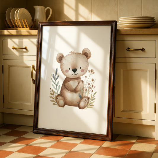 Nursery Wall Art Cute Bear Poster, Woodland Baby Room Decor, Boho Bear Print for Kids