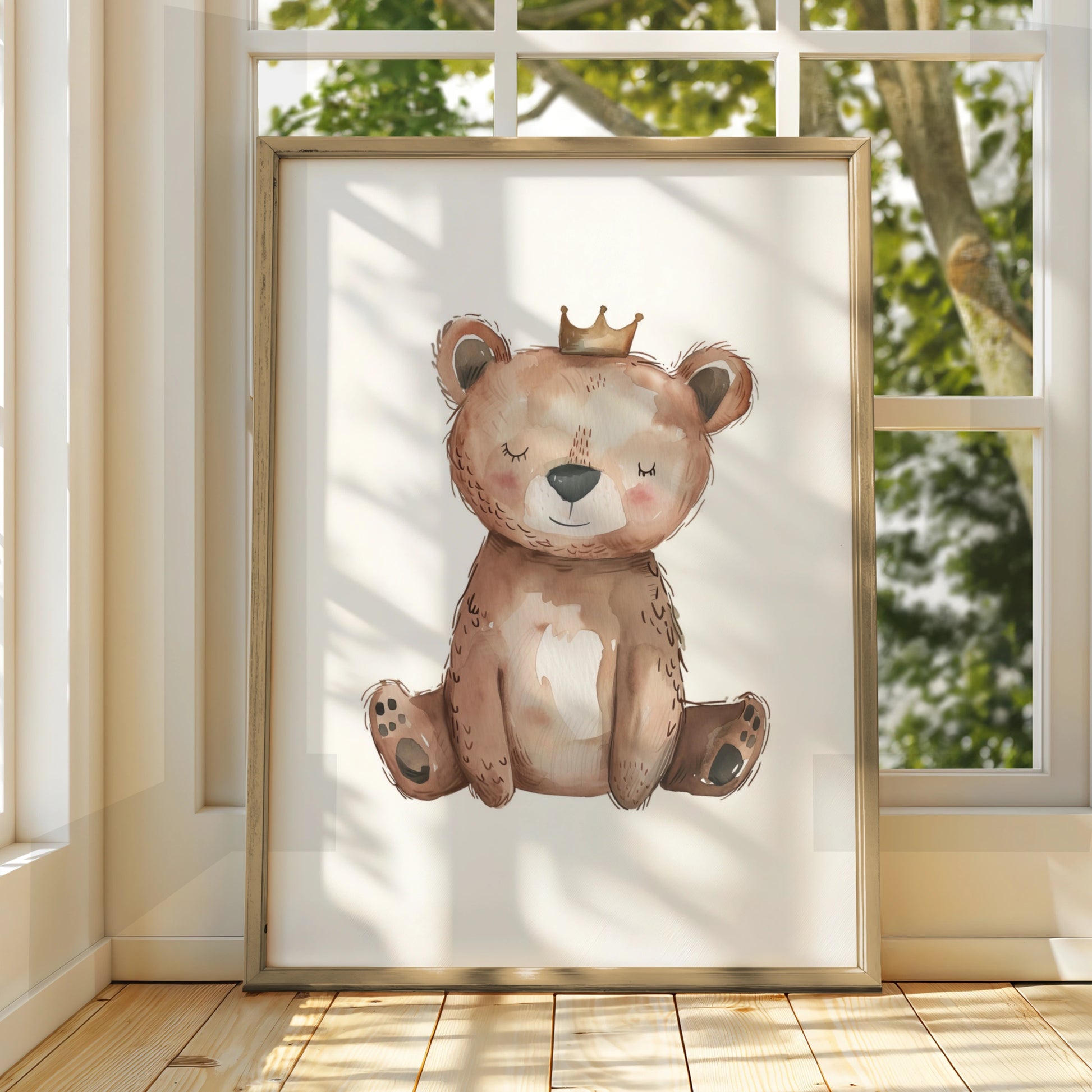 Nursery Wall Art Bear with Crown, Baby Bear Poster, Watercolour Kids Room Print