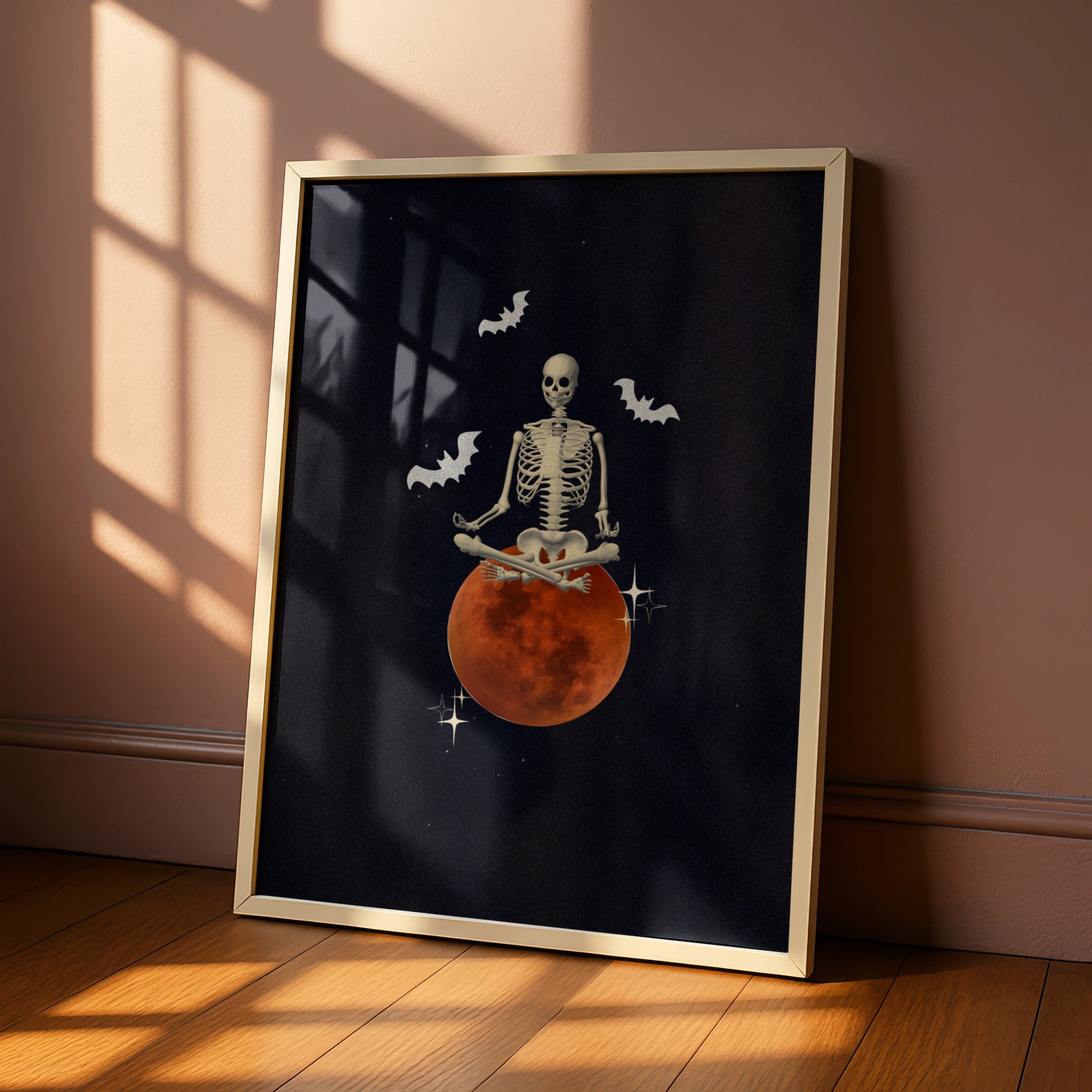Halloween Skeleton Meditation Poster, Blood Moon Bat Wall Art, Spooky Gothic Print