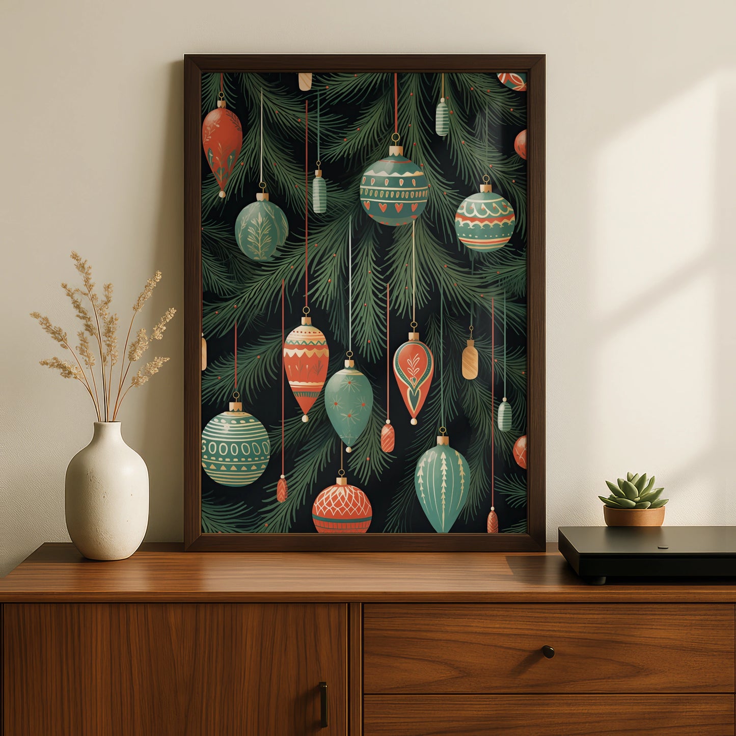 Christmas Baubles Poster, Festive Ornaments Wall Art, Retro Xmas Tree Print, Red Green