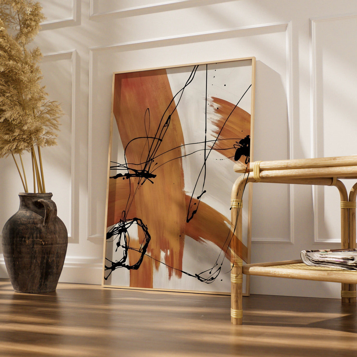 Abstract Brush Stroke Wall Art, Terracotta Black Line Print, Modern Neutral Poster