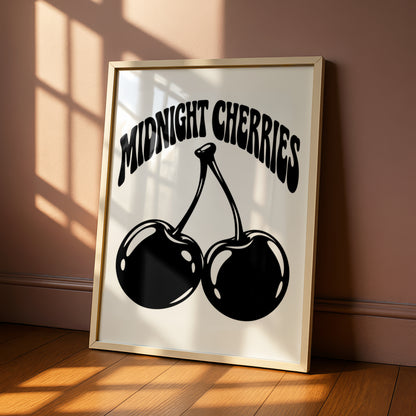 Midnight Cherries Typography Print, Black and White Poster, Monochrome Wall Art, Retro Fruit