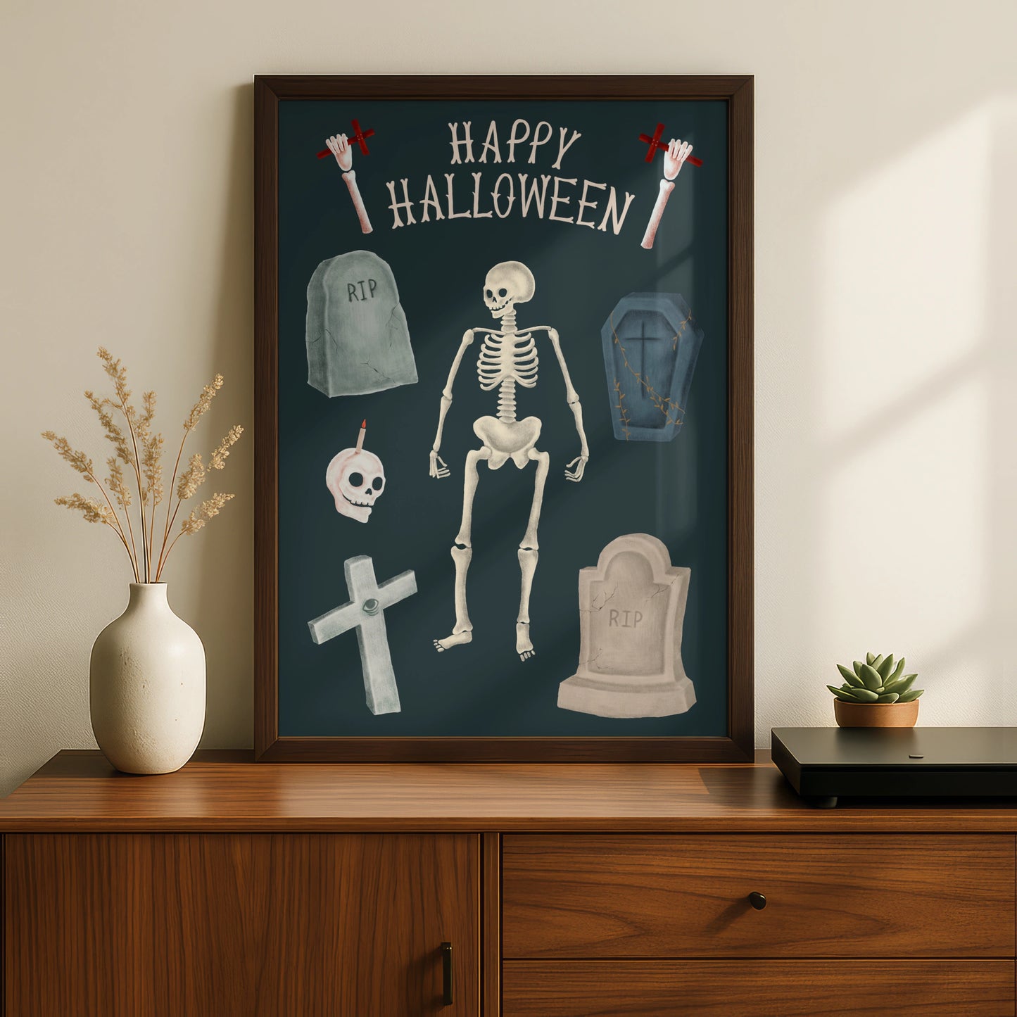 Happy Halloween Skeleton Poster, Spooky Graveyard Wall Art, Skull Coffin RIP Print