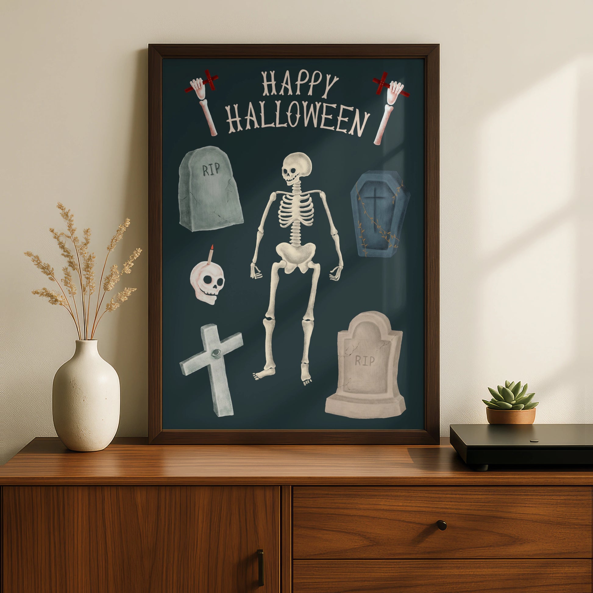Happy Halloween Skeleton Poster, Spooky Graveyard Wall Art, Skull Coffin RIP Print