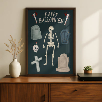 Happy Halloween Skeleton Poster, Spooky Graveyard Wall Art, Skull Coffin RIP Print