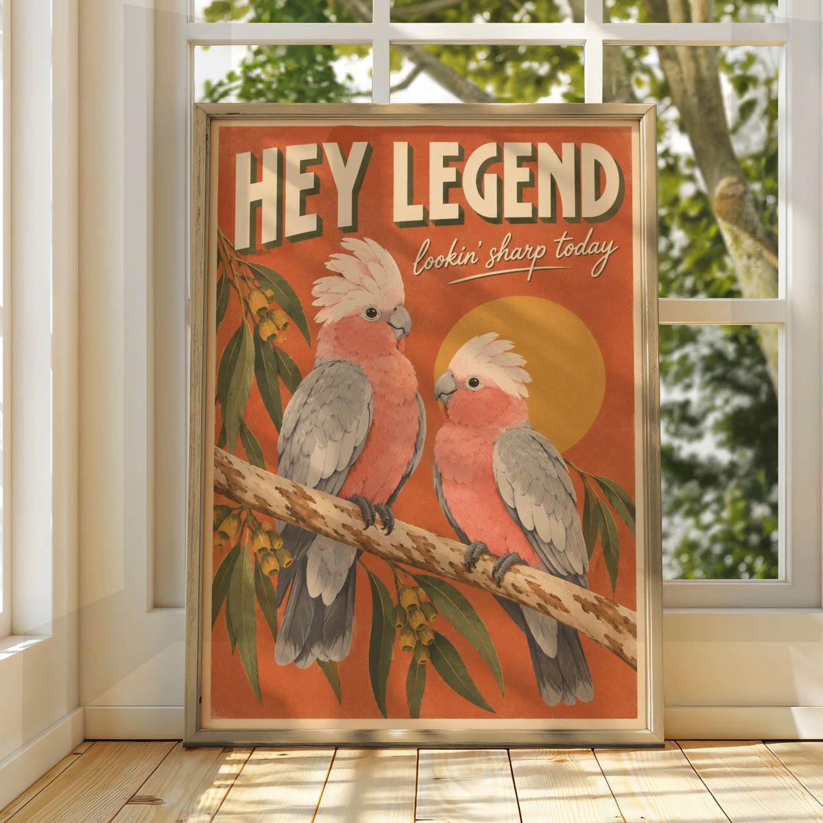 Galah Cockatoo Print, Hey Legend Australian Bird Poster, Retro Style Wall Art
