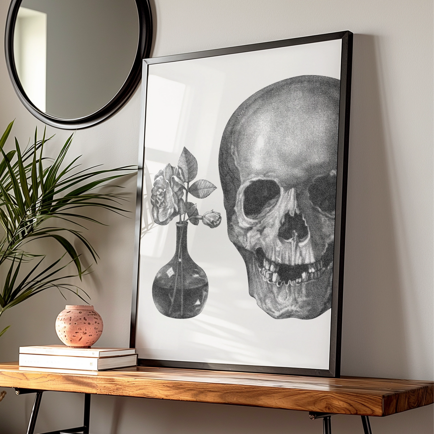Skull and Rose Halloween Wall Art, Gothic Black White Vanitas Poster, Dark Floral Print