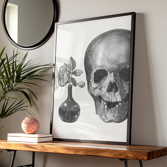 Skull and Rose Halloween Wall Art, Gothic Black White Vanitas Poster, Dark Floral Print
