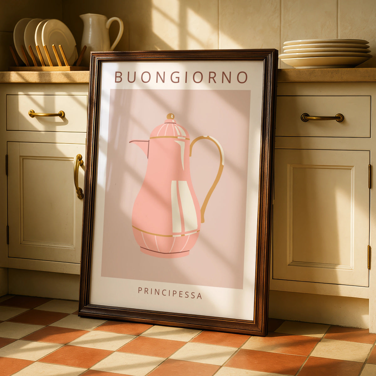 Buongiorno Principessa Coffee Pot Poster, Pink Kitchen Wall Art, Italian maximalist print