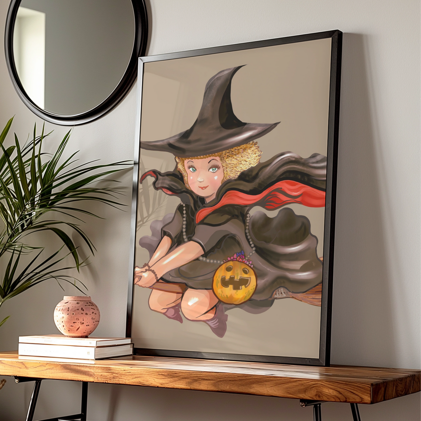 Halloween Witch Poster, Flying Witch Wall Art, Pumpkin Broom Print, Cute Witch Illustration