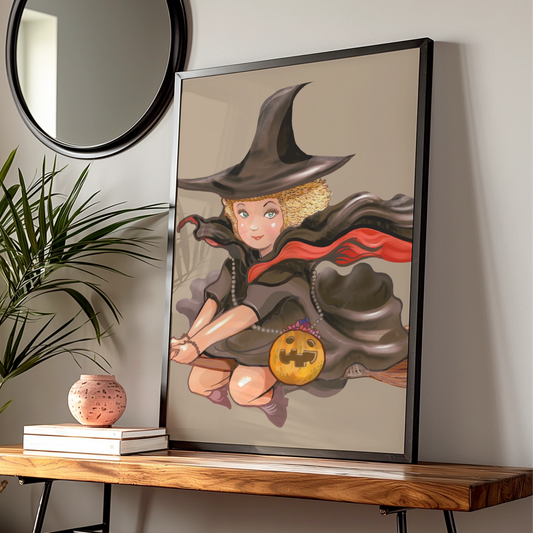 Halloween Witch Poster, Flying Witch Wall Art, Pumpkin Broom Print, Cute Witch Illustration