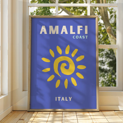 Amalfi Coast Italy Travel Poster, Retro Sun Wall Art, Italian Coastal Print
