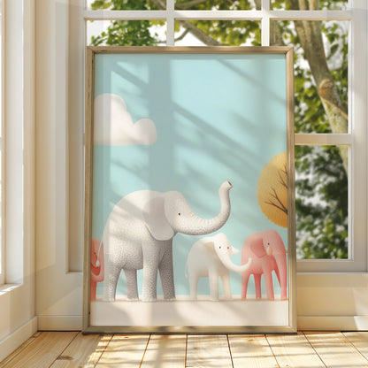 Elephant Nursery Wall Art, Cute Baby Elephant Print, Pastel Kids Room Poster