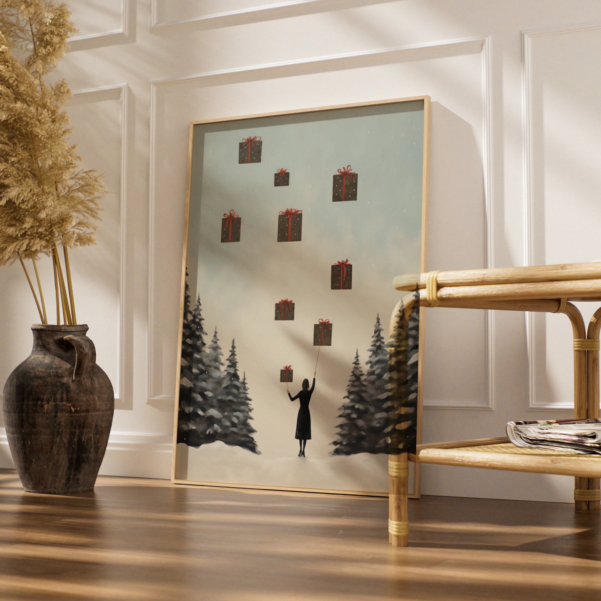 Christmas Poster, Floating Gifts Winter Wall Art, Festive Snowy Scene, Minimalist Xmas Print