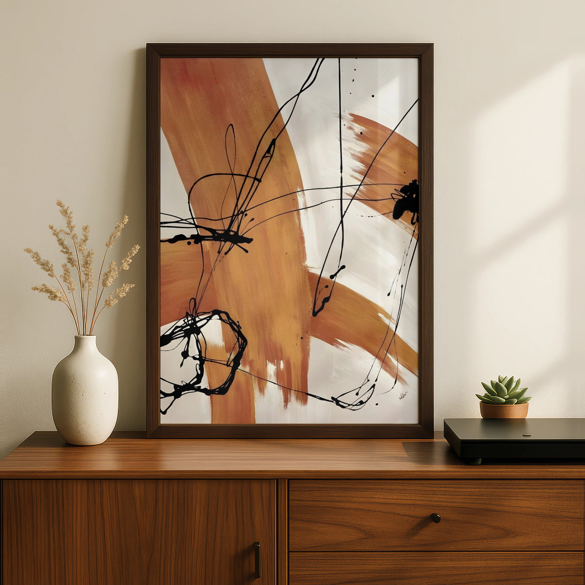 Abstract Brush Stroke Wall Art, Terracotta Black Line Print, Modern Neutral Poster