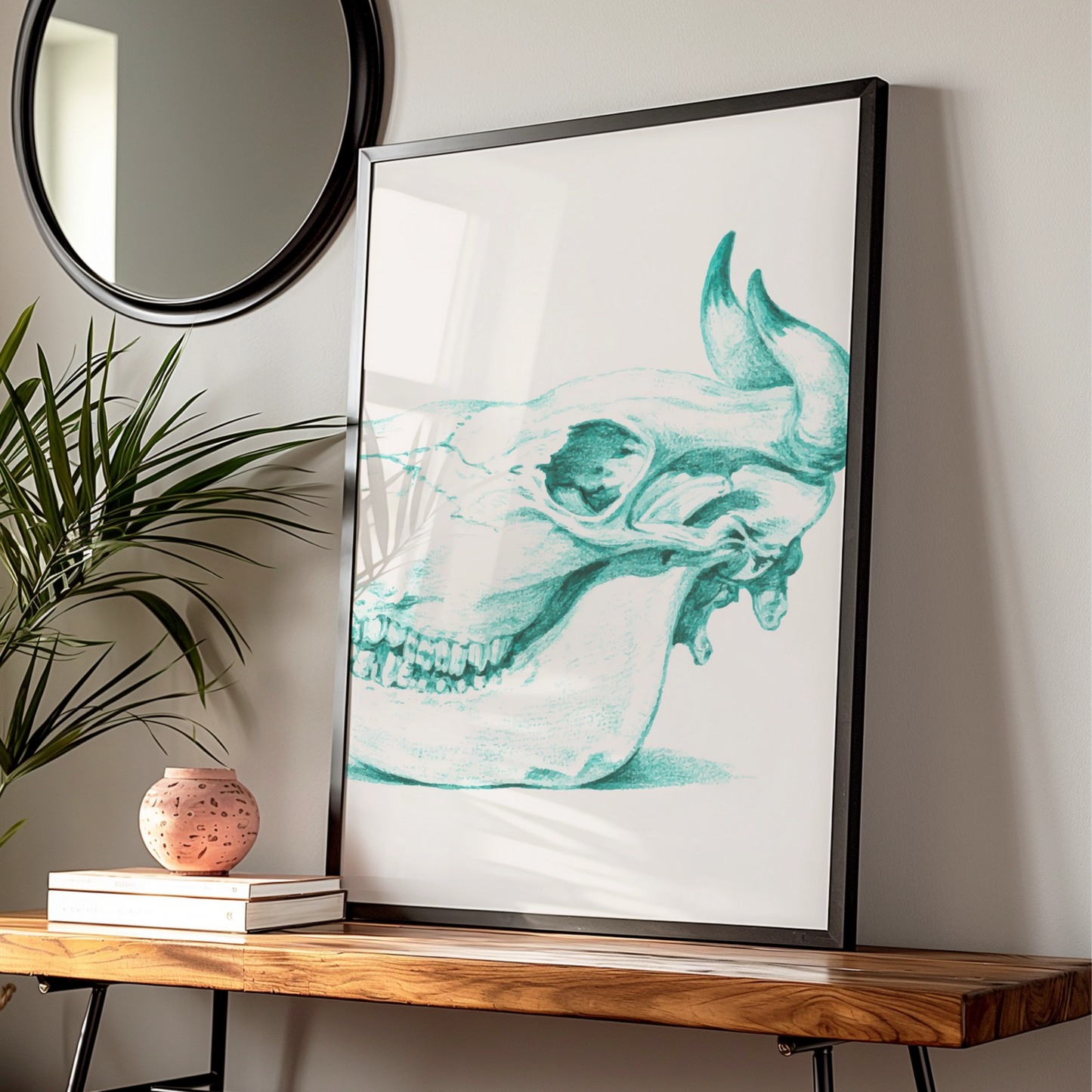 Animal Skull Halloween Art Print, Teal Gothic Poster, Spooky Wall Art, Dark Anatomy Decor