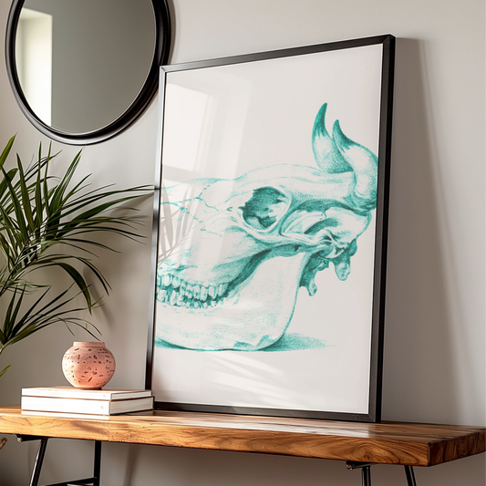Animal Skull Halloween Art Print, Teal Gothic Poster, Spooky Wall Art, Dark Anatomy Decor