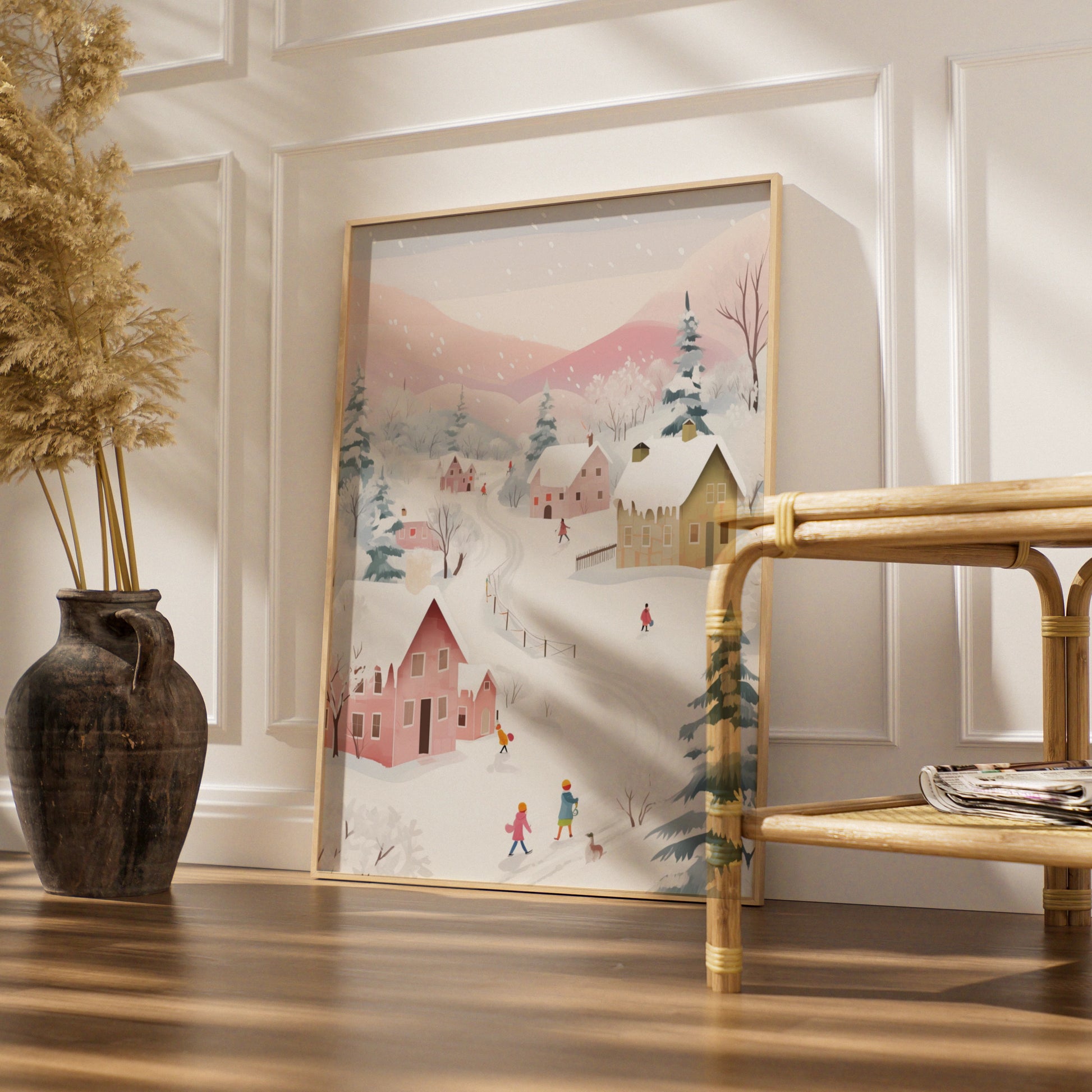 Christmas Village Snow Scene Poster, Pastel Winter Wall Art, Festive Holiday Print