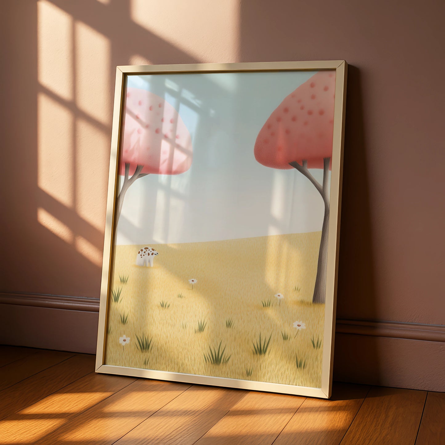 Nursery Wall Art Cute Animal Print, Pink Trees Meadow Poster, Baby Room Decor