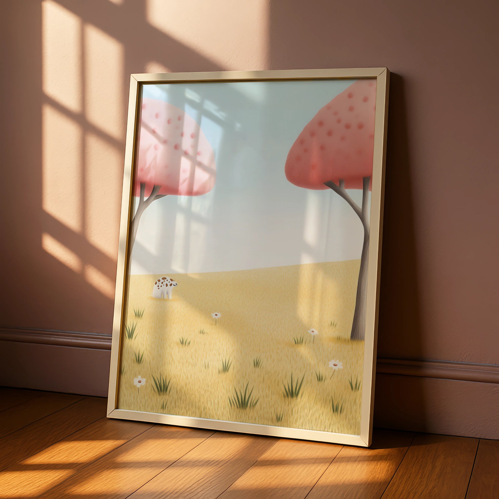 Nursery Wall Art Cute Animal Print, Pink Trees Meadow Poster, Baby Room Decor
