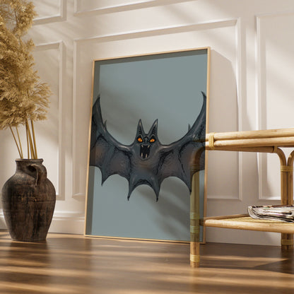 Halloween Bat Wall Art, Spooky Black Bat Poster, Gothic Horror Print, Dark Grey Orange Eyes