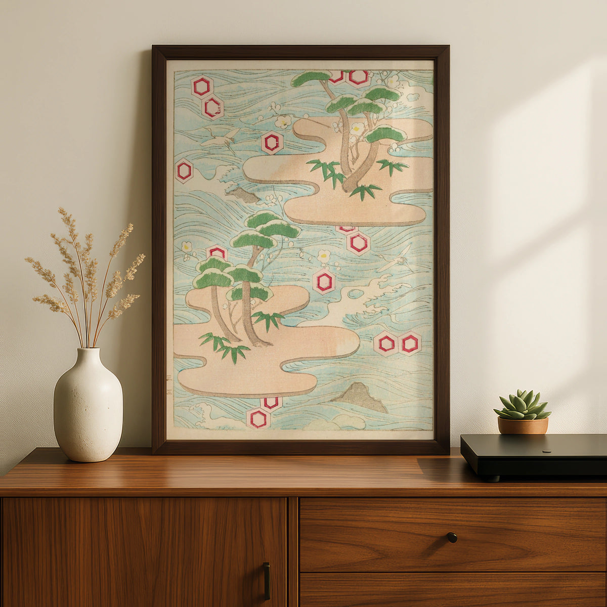 Japanese Woodblock Wall Art, Bijutsukai 1901 Vintage Poster, Crane Pine Japandi Print – A5 Black frame