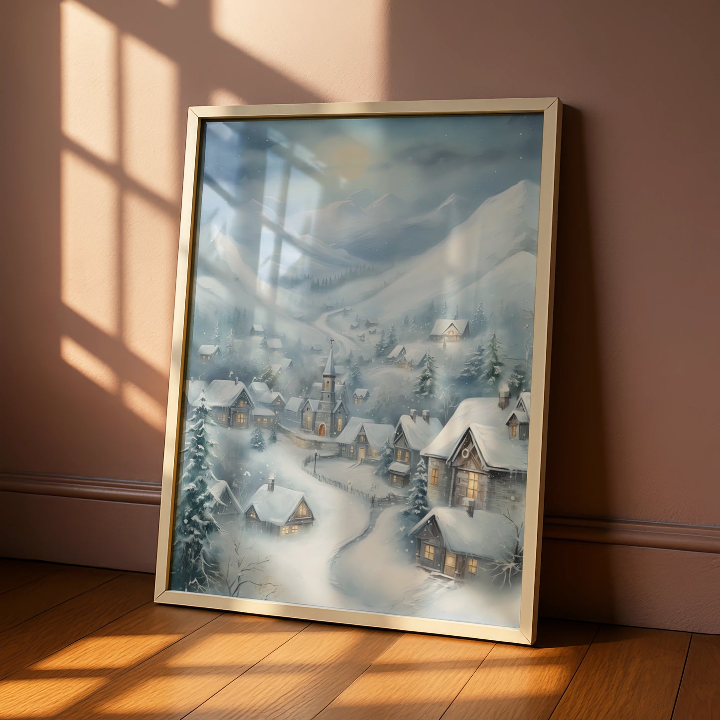 Christmas Village Poster, Snowy Winter Scene Wall Art, Festive Holiday Print, Blue Grey Cottage