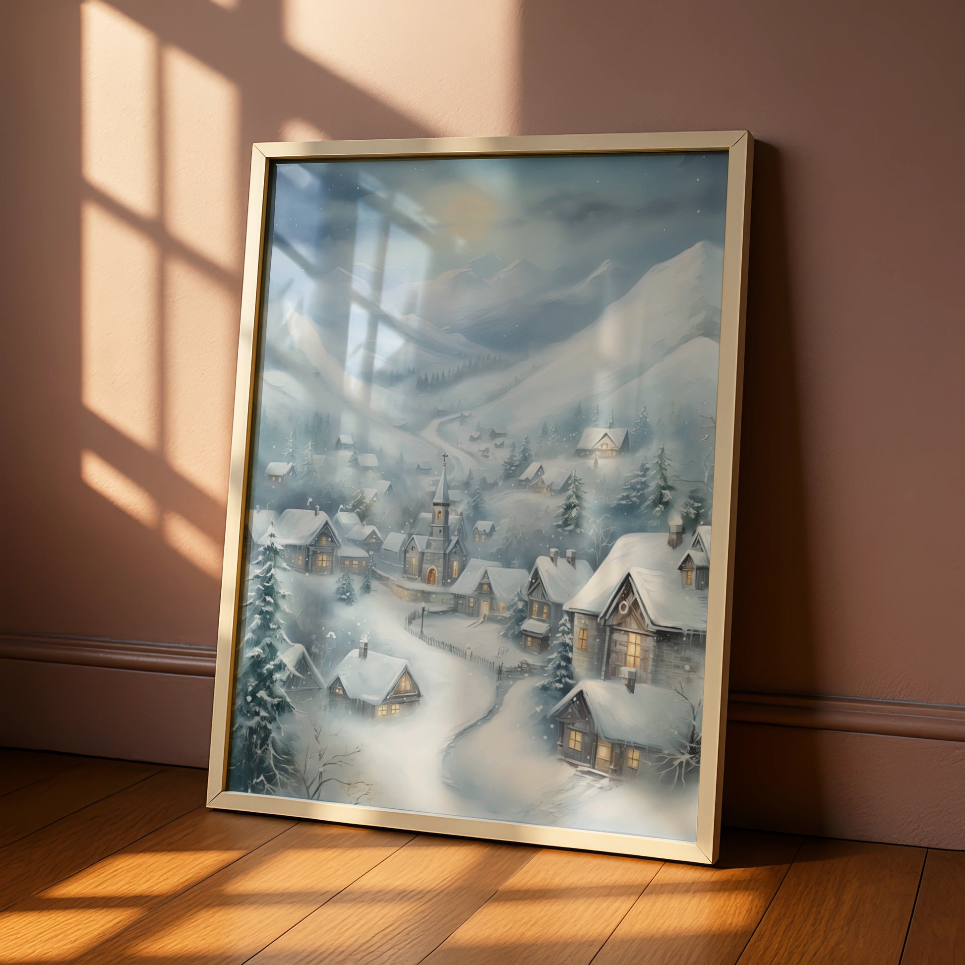 Christmas Village Poster, Snowy Winter Scene Wall Art, Festive Holiday Print, Blue Grey Cottage