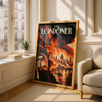 Great Fire of London Poster, Vintage Magazine Cover Wall Art, Baker and Flames Art Print