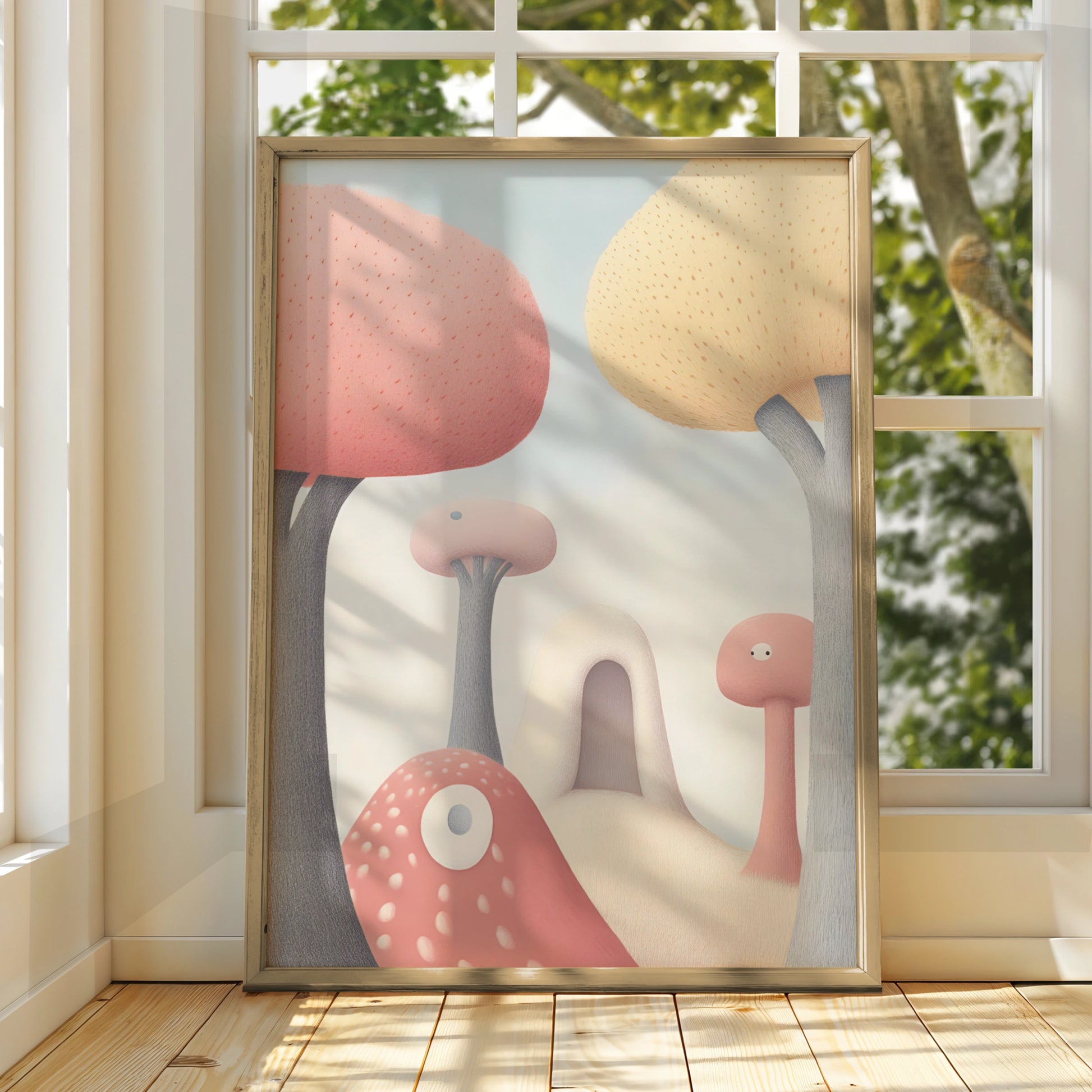 Mushroom Nursery Wall Art, Pastel Fantasy Print, Cute Kids Room Poster, Whimsical Decor