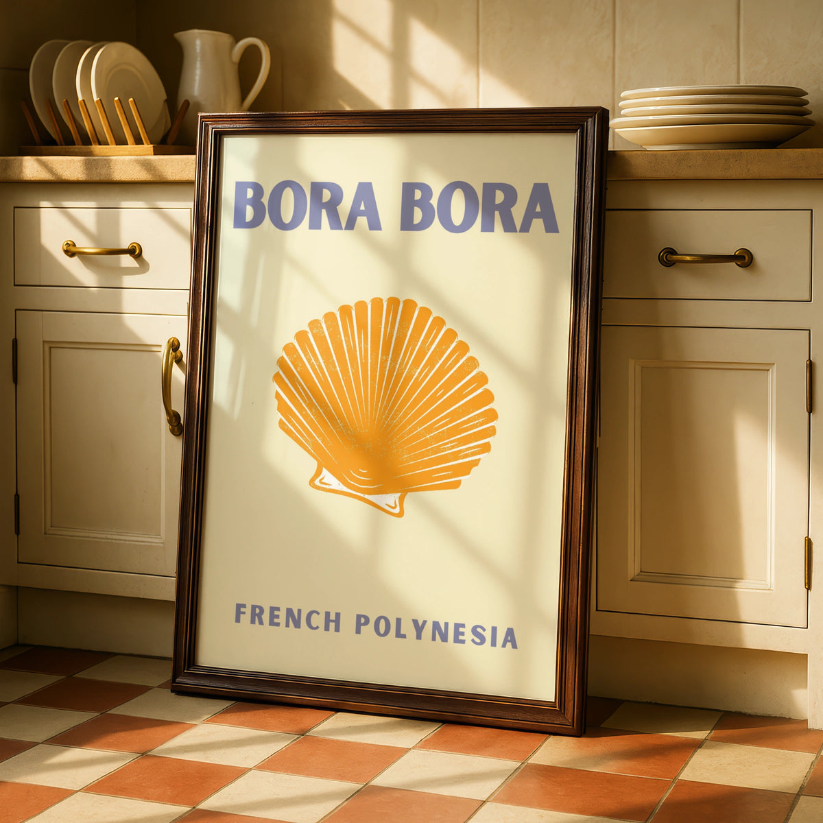 Bora Bora Travel Poster, French Polynesia Wall Art, Retro Shell Print, Coastal Decor