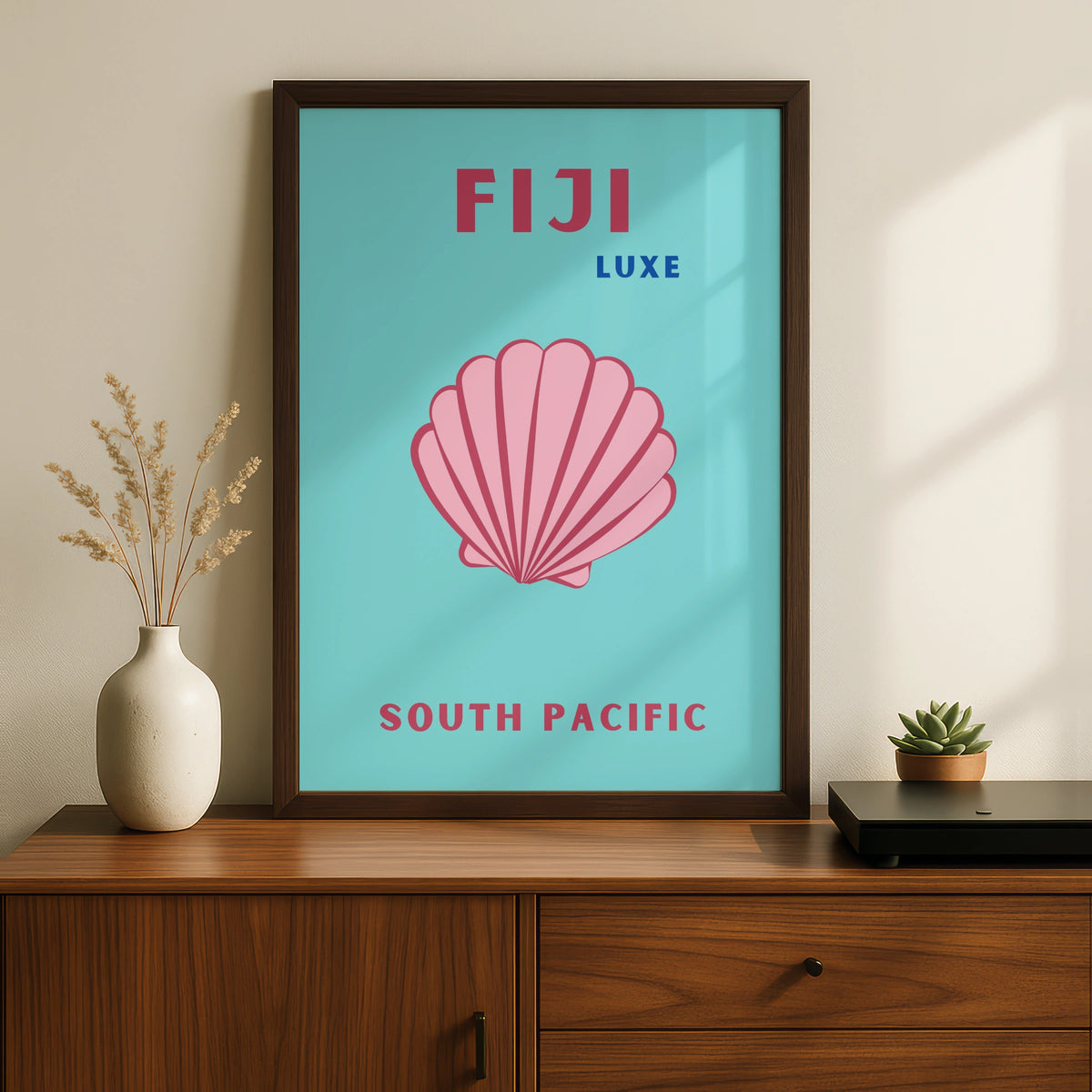 Fiji Travel Poster, South Pacific Wall Art, Retro Seashell Print, Teal Pink Beach Decor