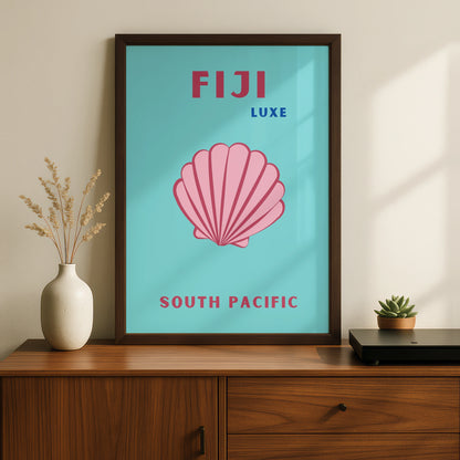 Fiji Travel Poster, South Pacific Wall Art, Retro Seashell Print, Teal Pink Beach Decor