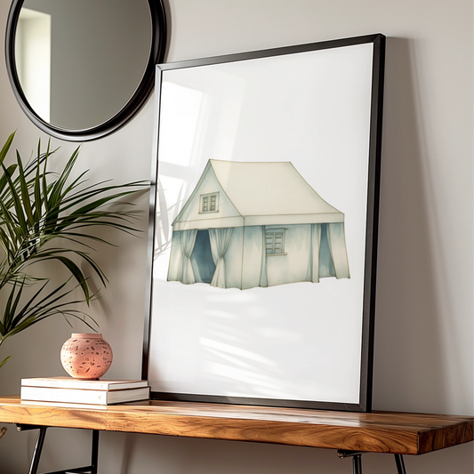 Nursery Wall Art Whimsical Cottage Print, Blue Watercolour House Poster, Kids Room Decor
