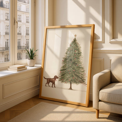 Chocolate Labrador Christmas Tree Poster, Festive Dog Wall Art, Vintage Style Holiday Art Print