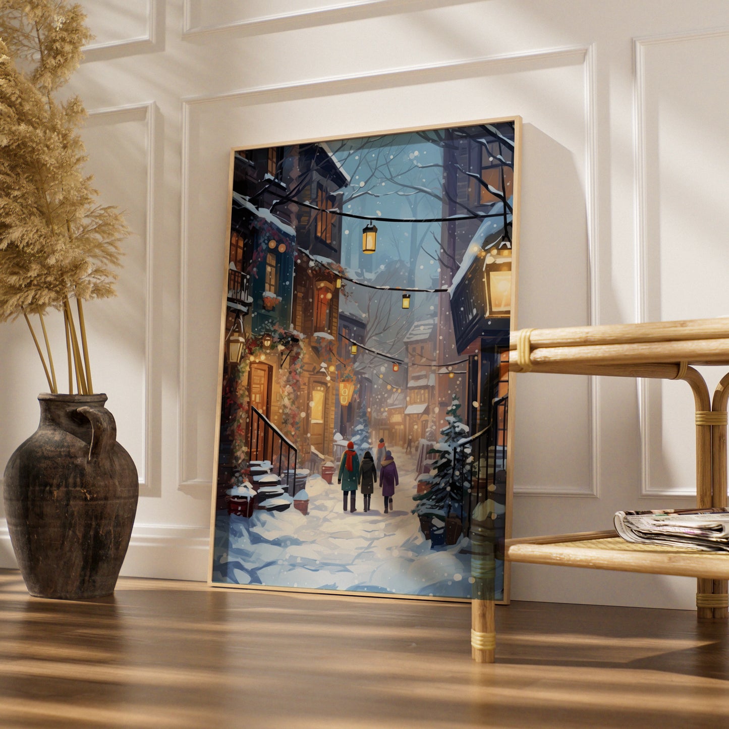Christmas Village Street Poster, Snowy Winter Scene Wall Art, Festive Holiday Print