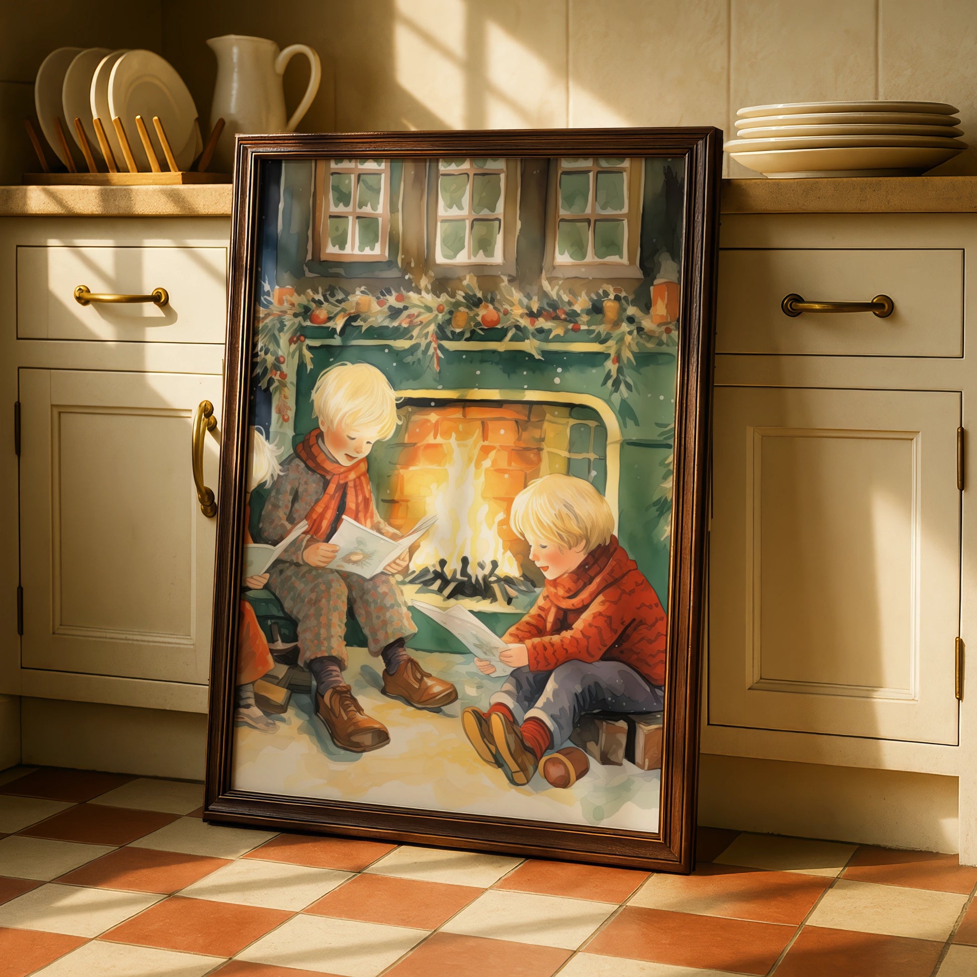 Christmas Fireplace Poster, Children Reading by Fire, Vintage Festive Wall Art Print