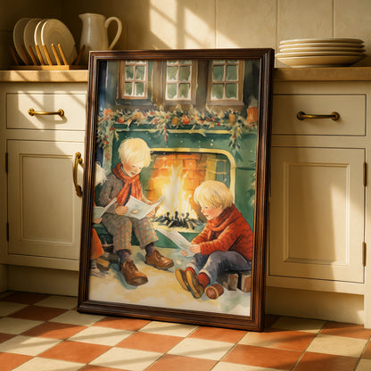 Christmas Fireplace Poster, Children Reading by Fire, Vintage Festive Wall Art Print