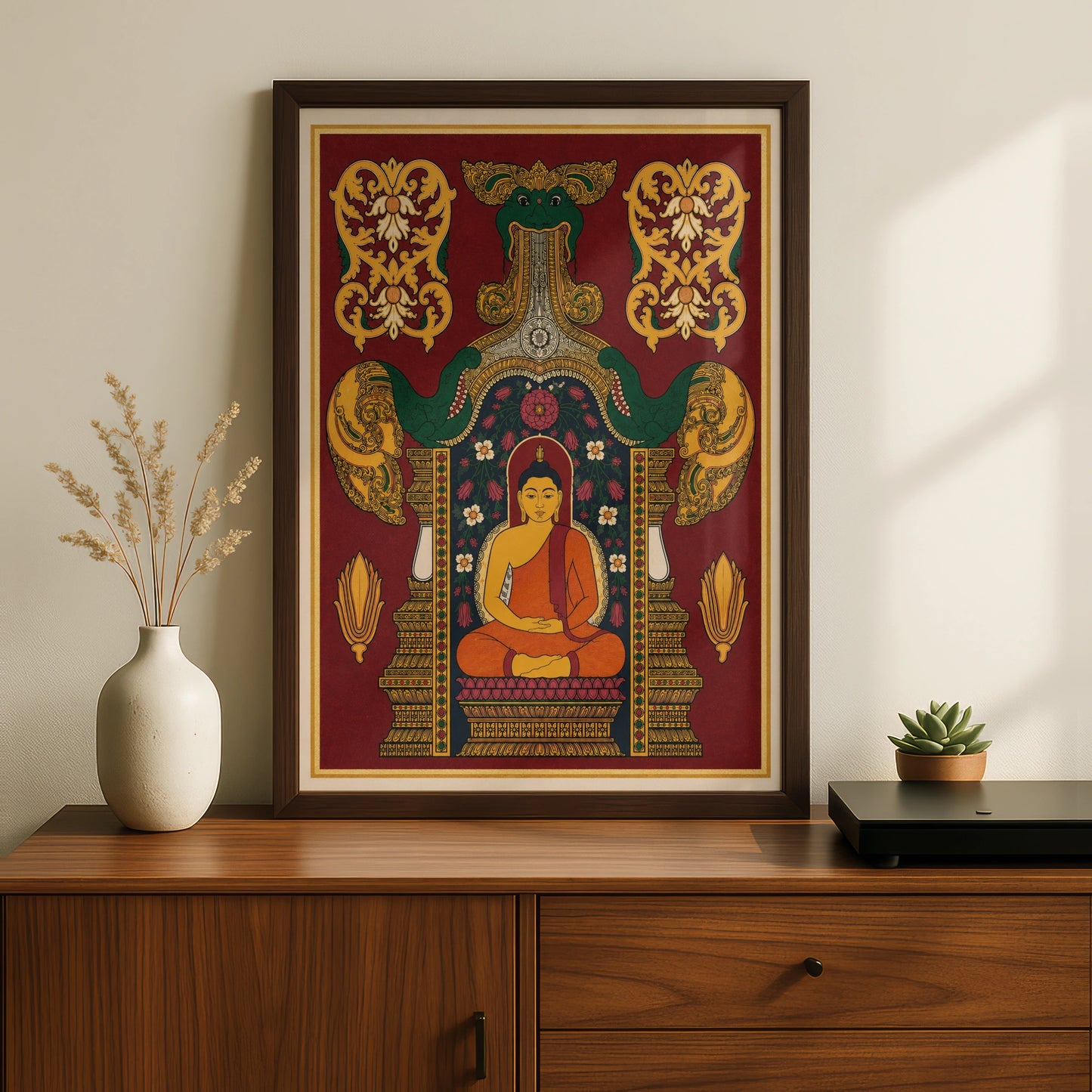 Buddha Poster, Indian Art Print, Meditation Wall Art, Naga Serpent, Floral Temple Decor